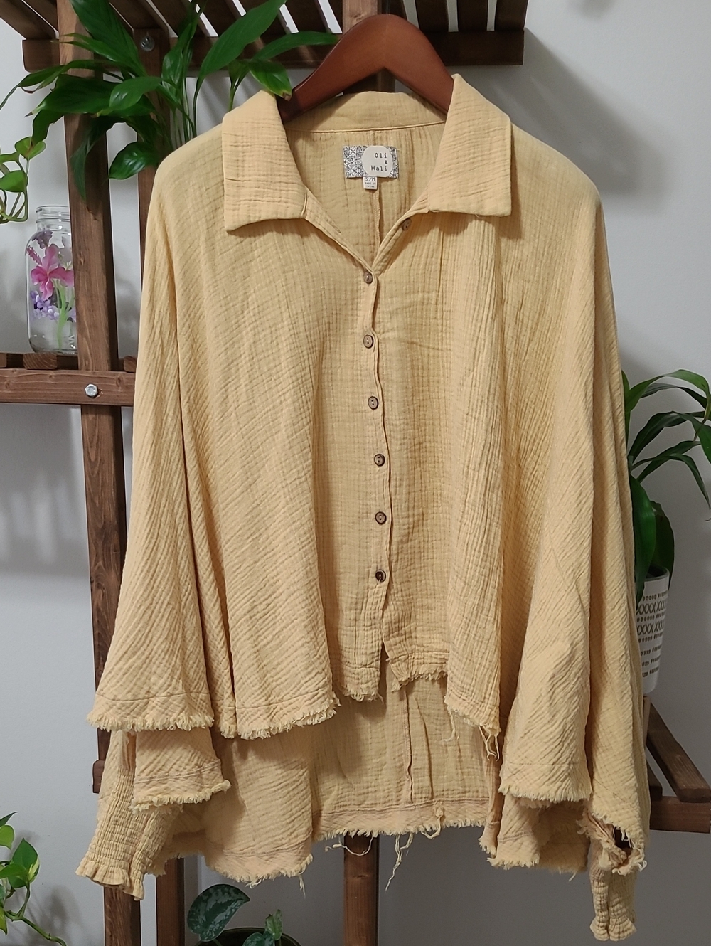 Oli & Hali Light Mustard Yellow Button-Front Gauze Poncho Shirt
